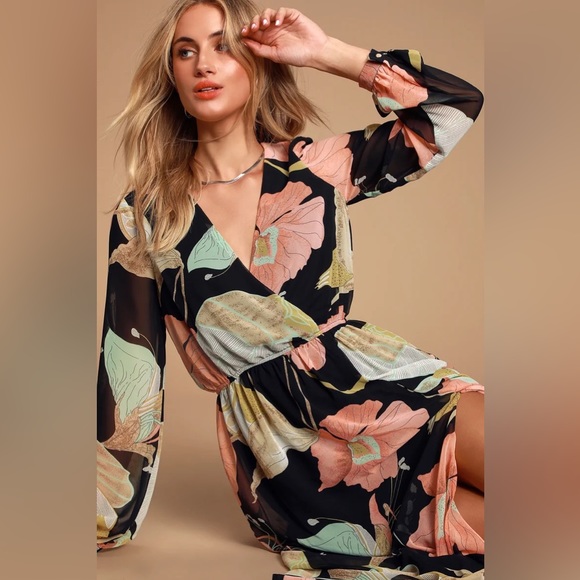 NWT Lulus Wondrous Water Lilies Black Floral Print Maxi Dress - Picture 2 of 7